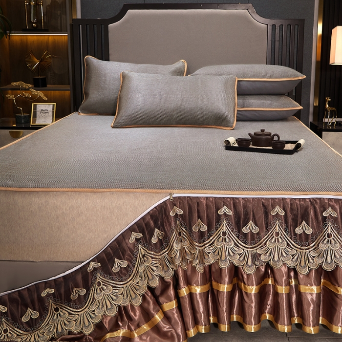 91家纺网 家纺一手货源 找家纺 罗艺轩 2024新款可拆卸床裙款冰藤席 富贵旺族-奶咖