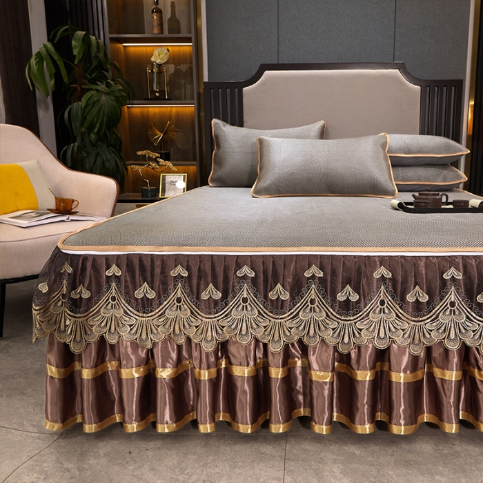 91家纺网 家纺一手货源 找家纺 罗艺轩 2024新款可拆卸床裙款冰藤席 富贵旺族-奶咖