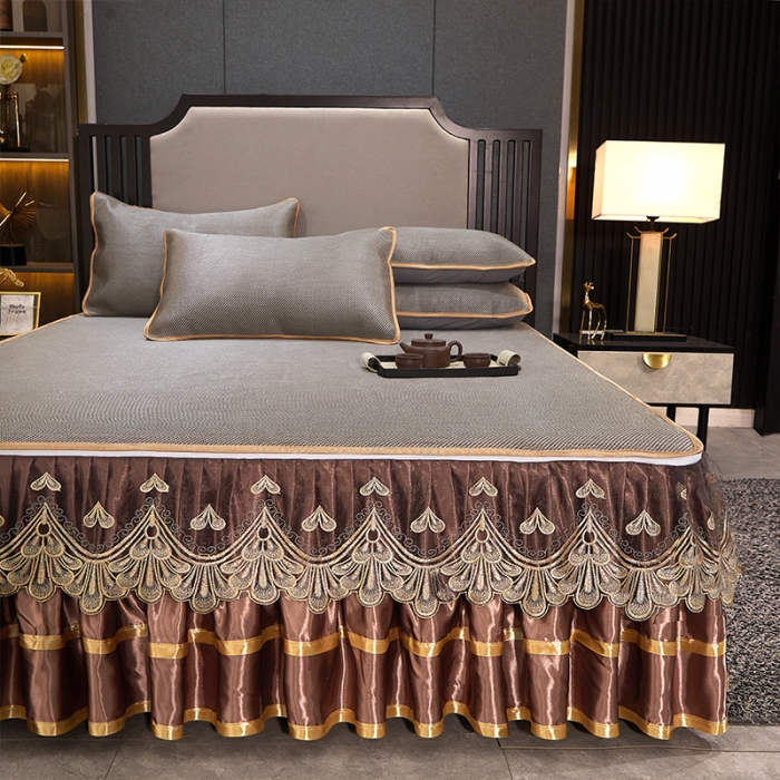 91家纺网 家纺一手货源 找家纺 罗艺轩 2024新款可拆卸床裙款冰藤席 富贵旺族-奶咖