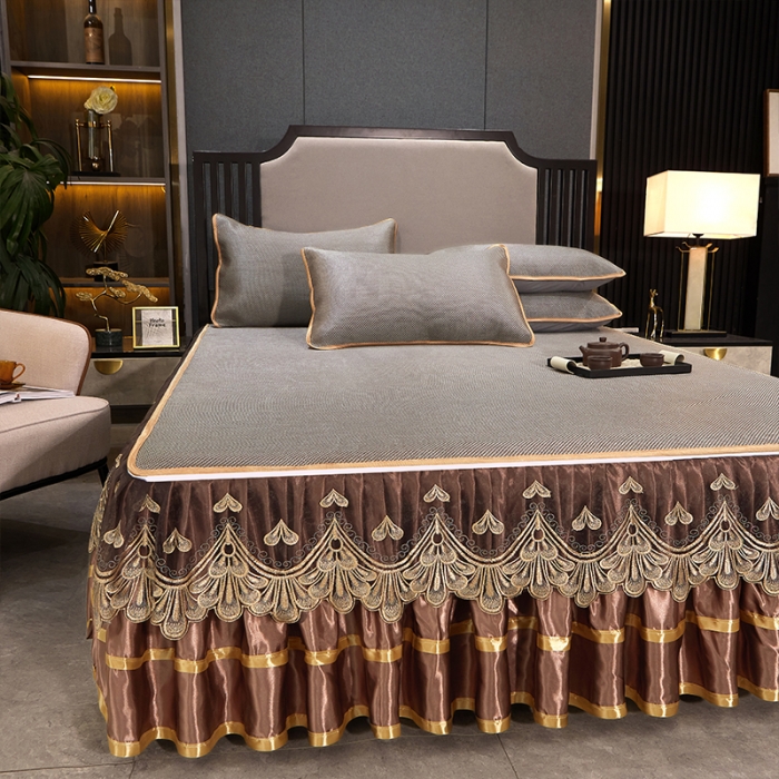 91家纺网 家纺一手货源 找家纺 罗艺轩 2024新款可拆卸床裙款冰藤席 富贵旺族-奶咖