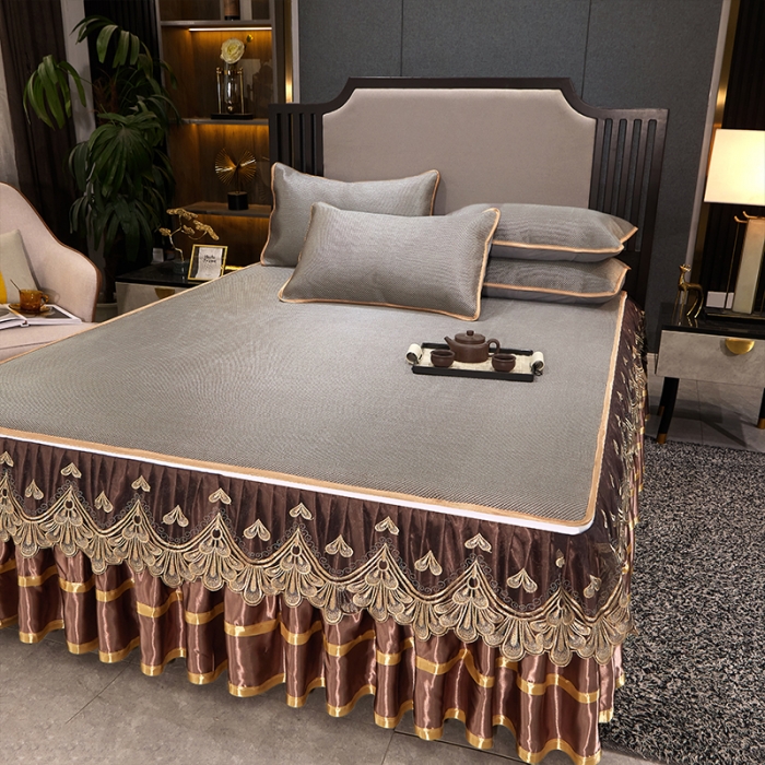 91家纺网 家纺一手货源 找家纺 罗艺轩 2024新款可拆卸床裙款冰藤席 富贵旺族-奶咖