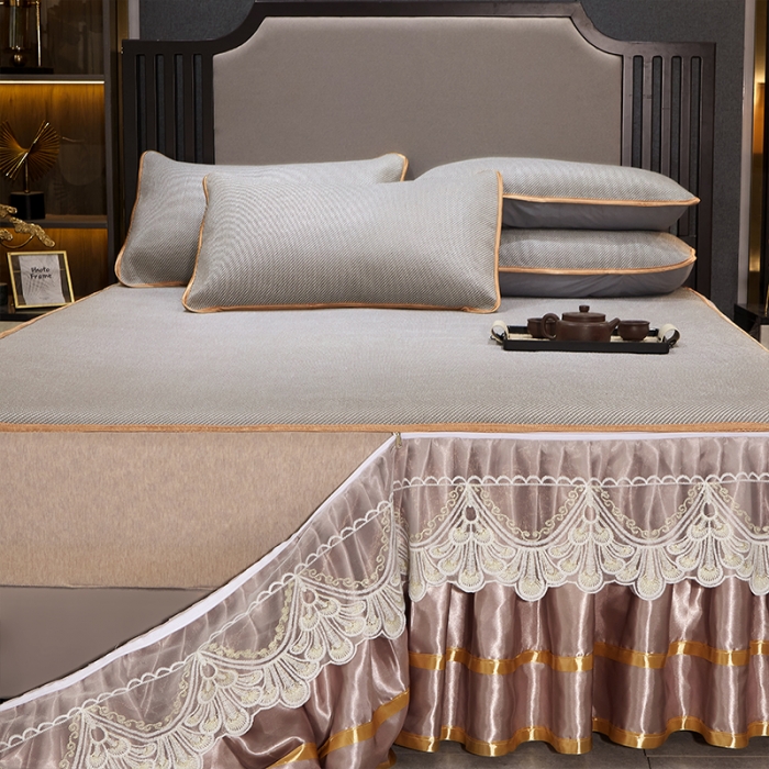 91家纺网 家纺一手货源 找家纺 罗艺轩 2024新款可拆卸床裙款冰藤席 富贵旺族-灰