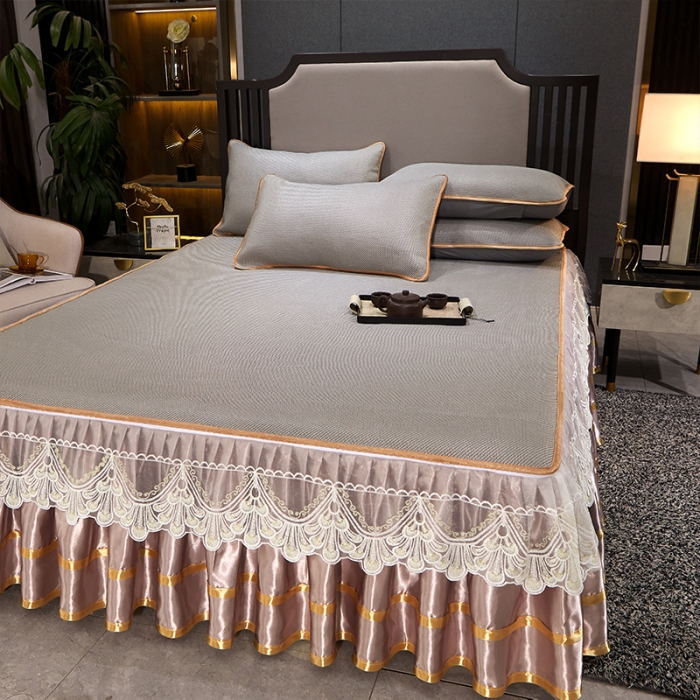 91家纺网 家纺一手货源 找家纺 罗艺轩 2024新款可拆卸床裙款冰藤席 富贵旺族-灰