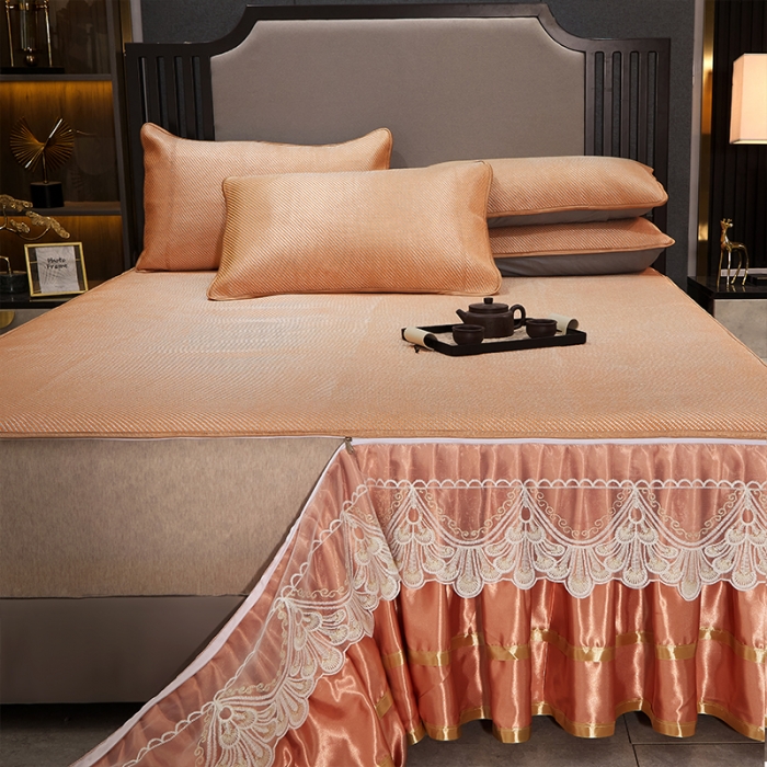 91家纺网 家纺一手货源 找家纺 罗艺轩 2024新款可拆卸床裙款冰藤席 富贵旺族-橙