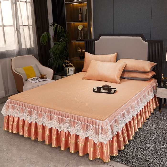 91家纺网 家纺一手货源 找家纺 罗艺轩 2024新款可拆卸床裙款冰藤席 富贵旺族-橙