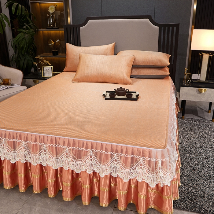 91家纺网 家纺一手货源 找家纺 罗艺轩 2024新款可拆卸床裙款冰藤席 富贵旺族-橙