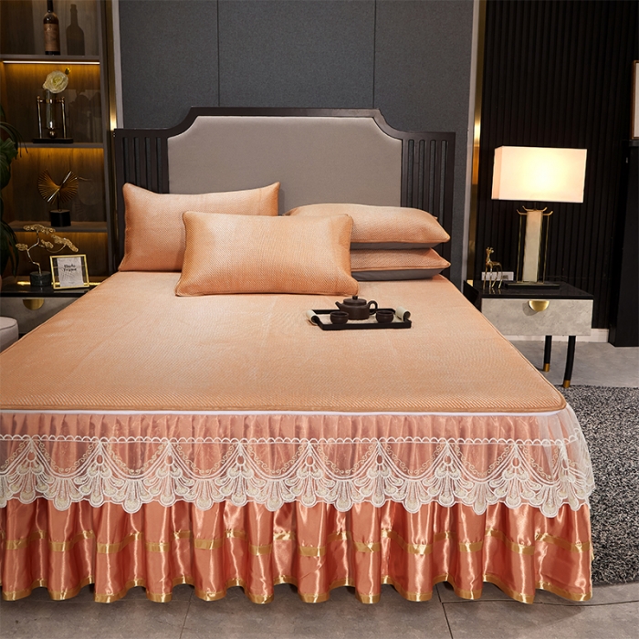 91家纺网 家纺一手货源 找家纺 罗艺轩 2024新款可拆卸床裙款冰藤席 富贵旺族-橙