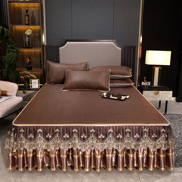 91家纺网 家纺一手货源 找家纺 罗艺轩 2024新款可拆卸床裙款冰藤席 富贵旺族-深咖