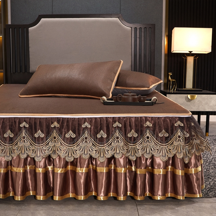 91家纺网 家纺一手货源 找家纺 罗艺轩 2024新款可拆卸床裙款冰藤席 富贵旺族-深咖