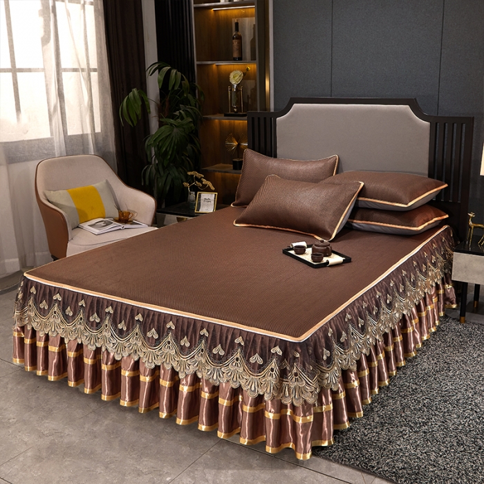 91家纺网 家纺一手货源 找家纺 罗艺轩 2024新款可拆卸床裙款冰藤席 富贵旺族-深咖