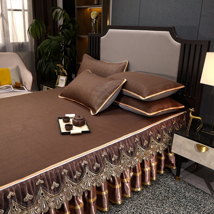 91家纺网 家纺一手货源 找家纺 罗艺轩 2024新款可拆卸床裙款冰藤席 富贵旺族-深咖