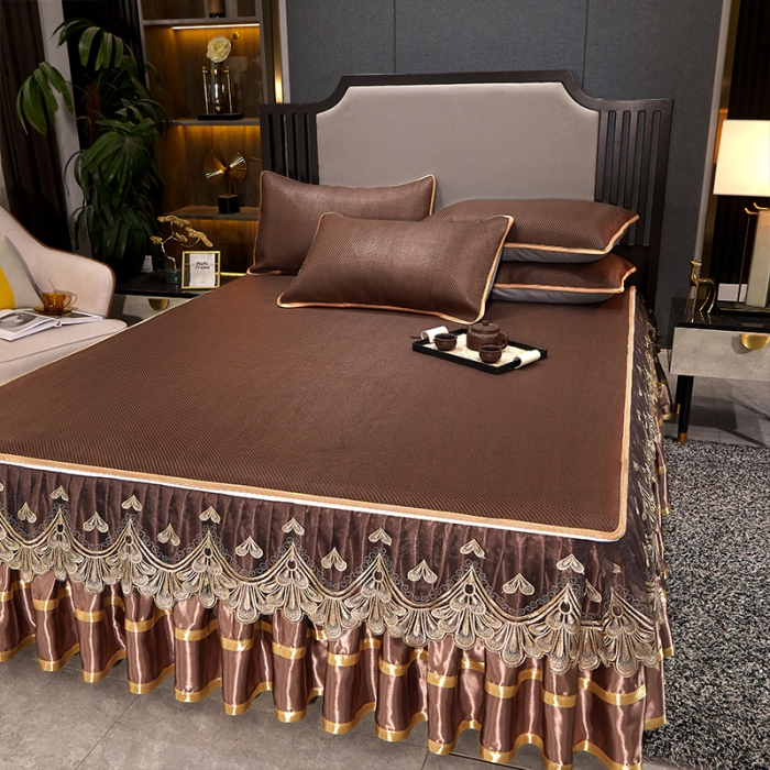 91家纺网 家纺一手货源 找家纺 罗艺轩 2024新款可拆卸床裙款冰藤席 富贵旺族-深咖