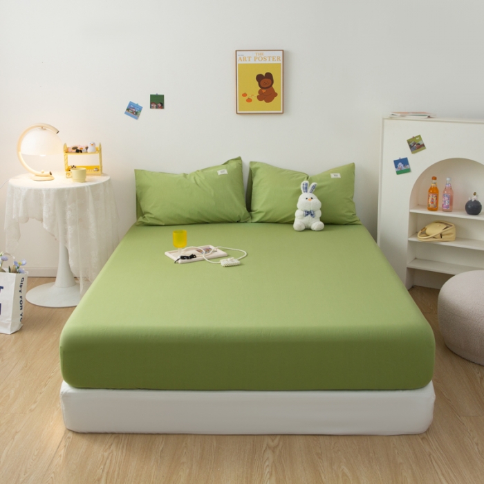 91家纺网 家纺一手货源 找家纺 芬晴 2023新款纯棉水洗棉单层床笠 豆绿