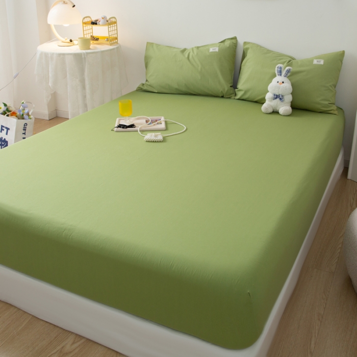 91家纺网 家纺一手货源 找家纺 芬晴 2023新款纯棉水洗棉单层床笠 豆绿