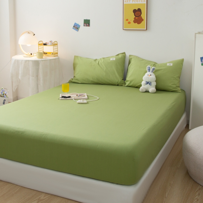 91家纺网 家纺一手货源 找家纺 芬晴 2023新款纯棉水洗棉单层床笠 豆绿