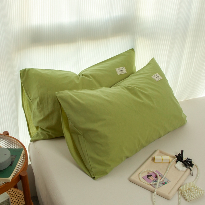 91家纺网 家纺一手货源 找家纺 芬晴 2023新款纯棉水洗棉枕套 豆绿
