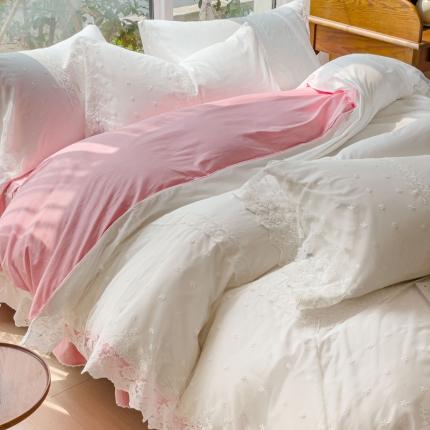 91家纺网 家纺一手货源 找家纺 花香四季2023新款全棉法式浪漫蕾丝少女心公主风床单床裙四件套 粉白