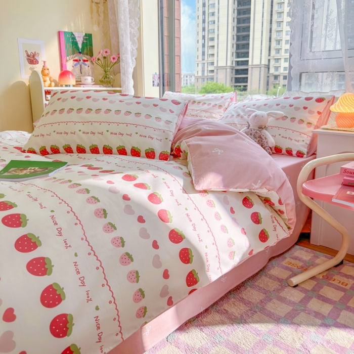 91家纺网 家纺一手货源 找家纺 呗旺鹿 2023新款13372全棉纯棉印花四件套直播款 草莓冰冰