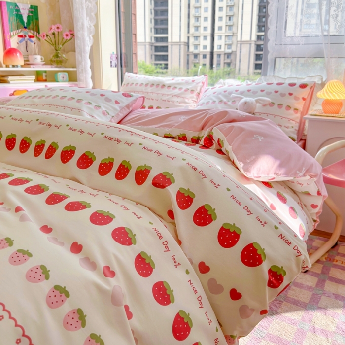 91家纺网 家纺一手货源 找家纺 呗旺鹿 2023新款13372全棉纯棉印花四件套直播款 草莓冰冰