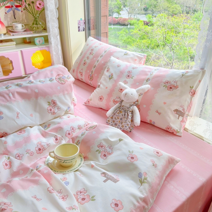 91家纺网 家纺一手货源 找家纺 呗旺鹿 2023新款13372全棉纯棉印花四件套直播款 小兔奶酱