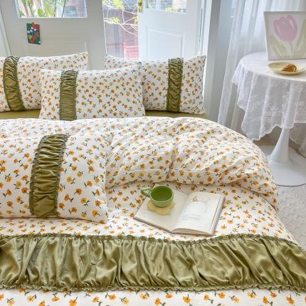 91家纺网 家纺一手货源 找家纺 （总）花伞家居 2023新款双层纱水洗棉麻安妮系列温柔工艺款四件套