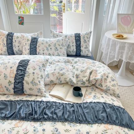 91家纺网 家纺一手货源 找家纺 （总）花伞家居 2023新款双层纱水洗棉麻安妮系列温柔工艺款四件套