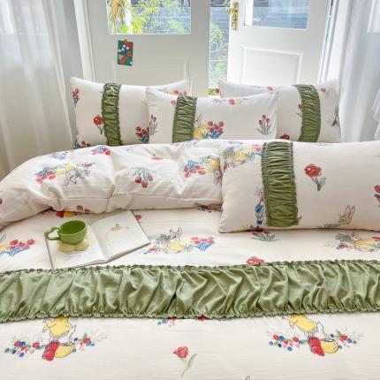 91家纺网 家纺一手货源 找家纺 （总）花伞家居 2023新款双层纱水洗棉麻安妮系列温柔工艺款四件套