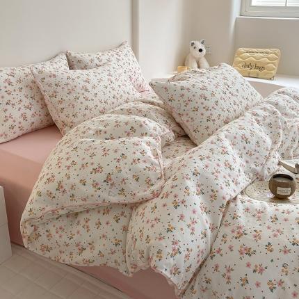 91家纺网 家纺一手货源 找家纺 蜜柚 2024新款直播款全棉A类有氧双层纱印花四件套 花漾