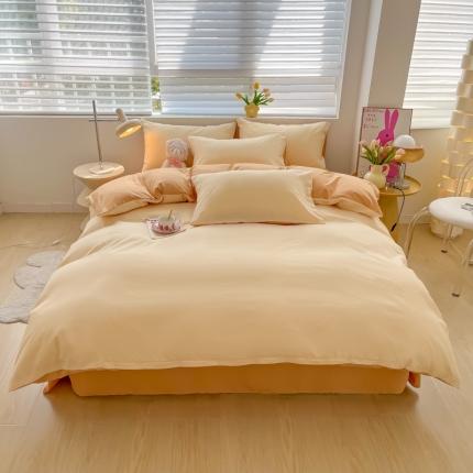 91家纺网 家纺一手货源 找家纺 麦瑞家纺 2024新款亲肤水洗棉纯色双拼四件套杏色+奶咖