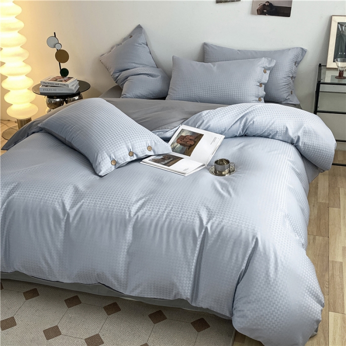 91家纺网 家纺一手货源 找家纺 古吉梦 2023新款A类抗菌防螨水洗真丝纽扣提花四件套 纽扣提花-海青+浅灰