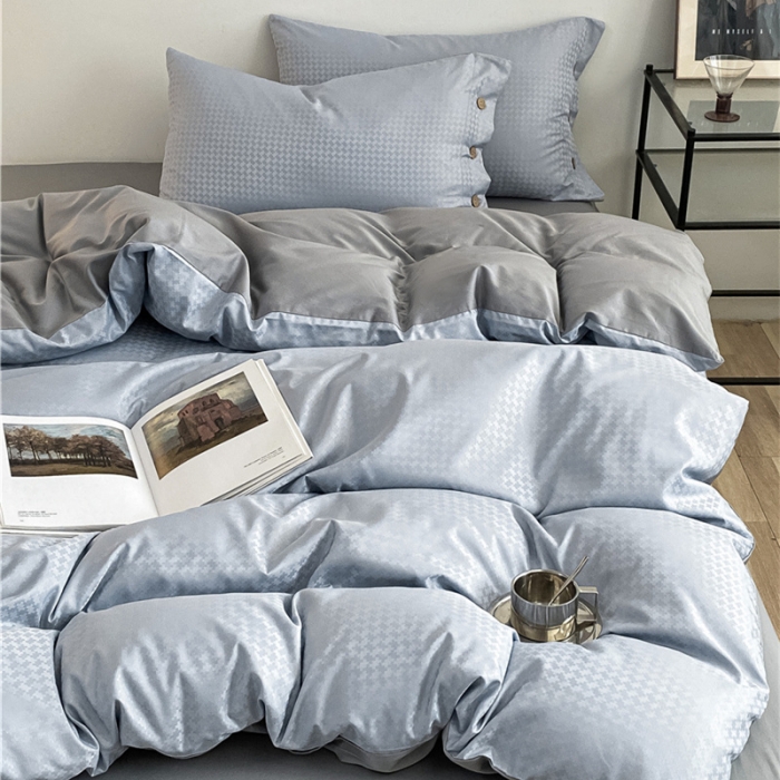 91家纺网 家纺一手货源 找家纺 古吉梦 2023新款A类抗菌防螨水洗真丝纽扣提花四件套 纽扣提花-海青+浅灰