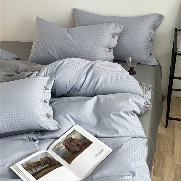 91家纺网 家纺一手货源 找家纺 古吉梦 2023新款A类抗菌防螨水洗真丝纽扣提花四件套 纽扣提花-海青+浅灰