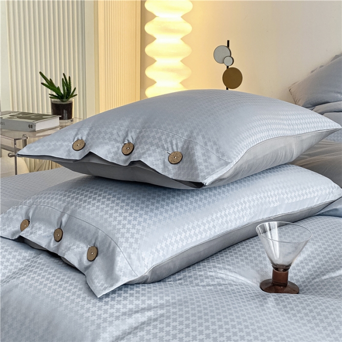 91家纺网 家纺一手货源 找家纺 古吉梦 2023新款A类抗菌防螨水洗真丝纽扣提花四件套 纽扣提花-海青+浅灰