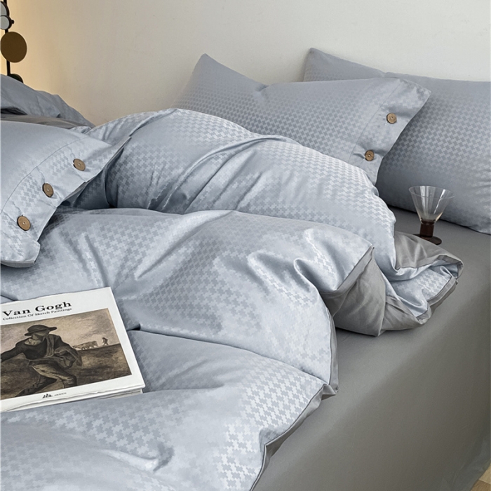 91家纺网 家纺一手货源 找家纺 古吉梦 2023新款A类抗菌防螨水洗真丝纽扣提花四件套 纽扣提花-海青+浅灰