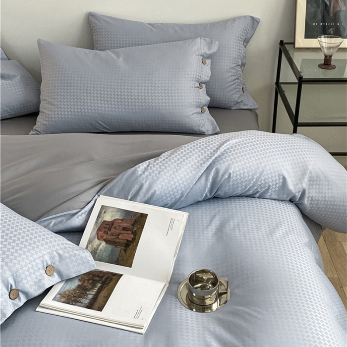 91家纺网 家纺一手货源 找家纺 古吉梦 2023新款A类抗菌防螨水洗真丝纽扣提花四件套 纽扣提花-海青+浅灰