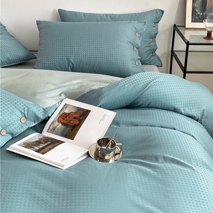 91家纺网 家纺一手货源 找家纺 古吉梦 2023新款A类抗菌防螨水洗真丝纽扣提花四件套 纽扣提花-浅石兰+梵星蓝