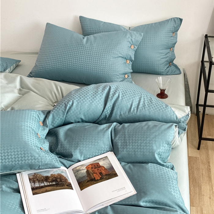 91家纺网 家纺一手货源 找家纺 古吉梦 2023新款A类抗菌防螨水洗真丝纽扣提花四件套 纽扣提花-浅石兰+梵星蓝