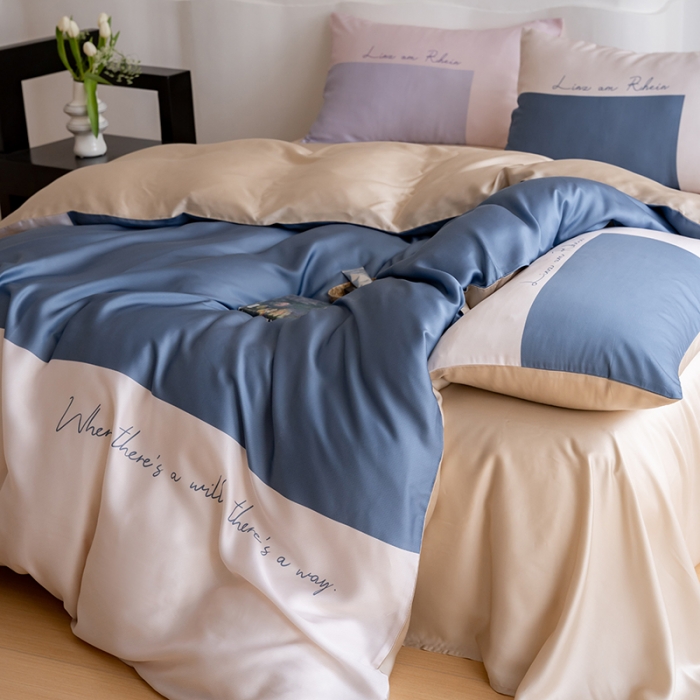 91家纺网 家纺一手货源 找家纺 沐晴 2023新款数码印花60S兰精天丝纯色简约轻奢四件套 蓝苓花