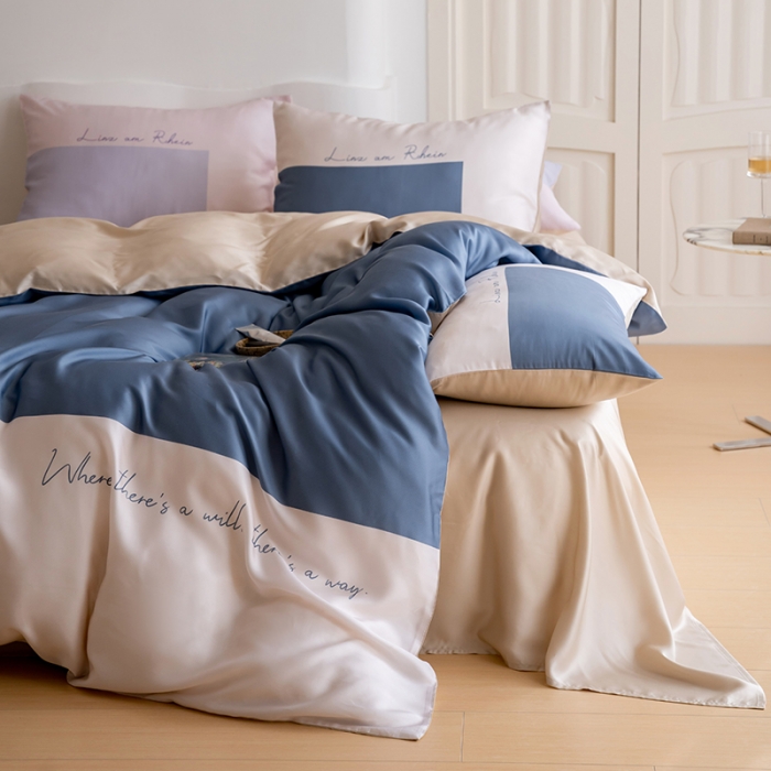 91家纺网 家纺一手货源 找家纺 沐晴 2023新款数码印花60S兰精天丝纯色简约轻奢四件套 蓝苓花