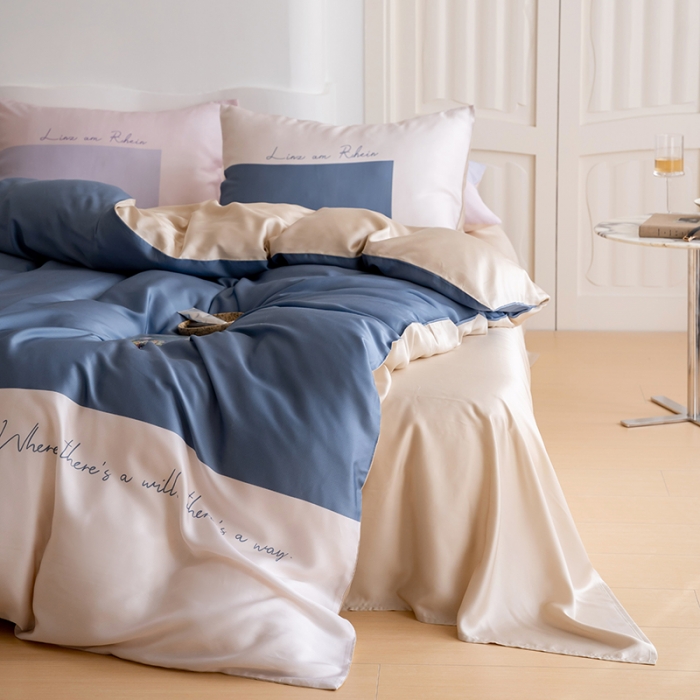 91家纺网 家纺一手货源 找家纺 沐晴 2023新款数码印花60S兰精天丝纯色简约轻奢四件套 蓝苓花