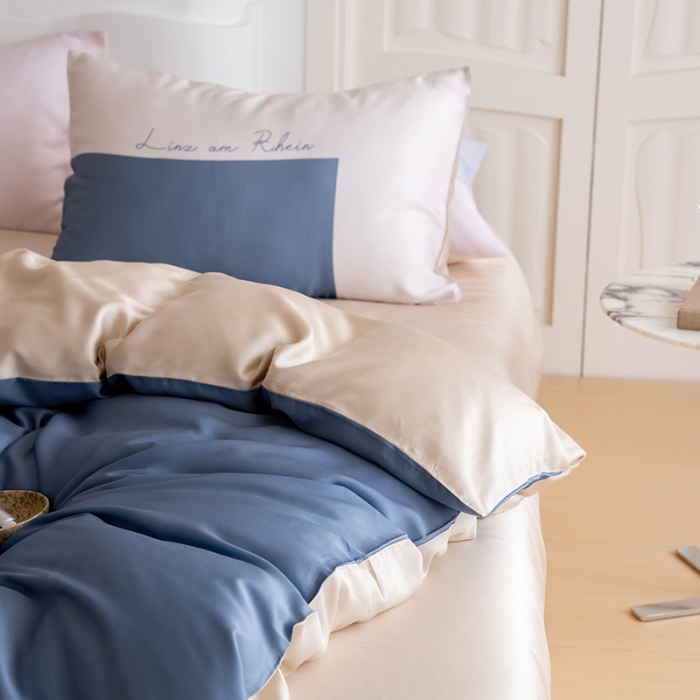 91家纺网 家纺一手货源 找家纺 沐晴 2023新款数码印花60S兰精天丝纯色简约轻奢四件套 蓝苓花