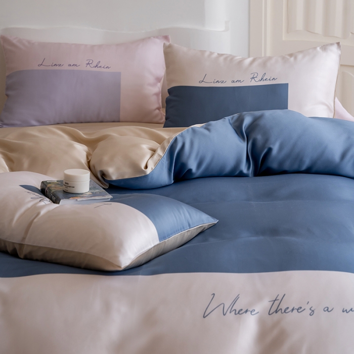 91家纺网 家纺一手货源 找家纺 沐晴 2023新款数码印花60S兰精天丝纯色简约轻奢四件套 蓝苓花