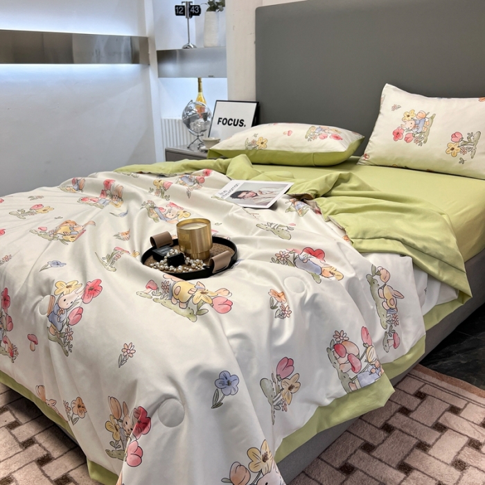 91家纺网 家纺一手货源 找家纺 慕尚 2025新款水洗棉麻夏被四件套 发财兔