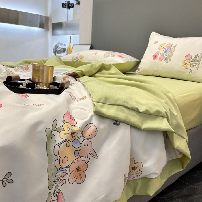 91家纺网 家纺一手货源 找家纺 慕尚 2025新款水洗棉麻夏被四件套 发财兔