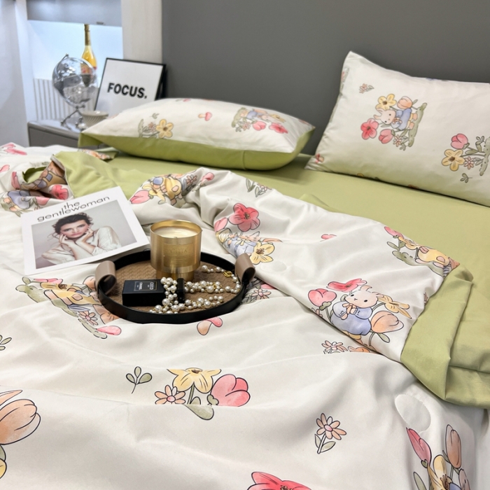 91家纺网 家纺一手货源 找家纺 慕尚 2025新款水洗棉麻夏被四件套 发财兔