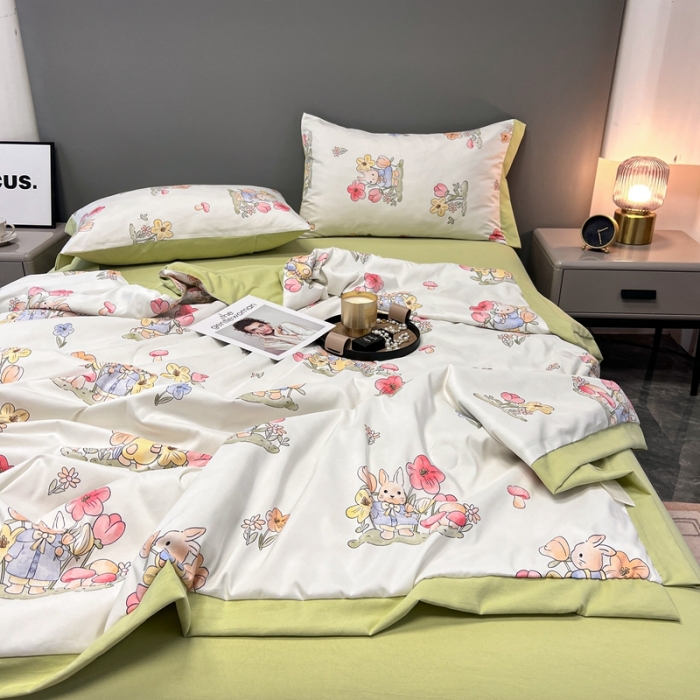 91家纺网 家纺一手货源 找家纺 慕尚 2025新款水洗棉麻夏被四件套 发财兔