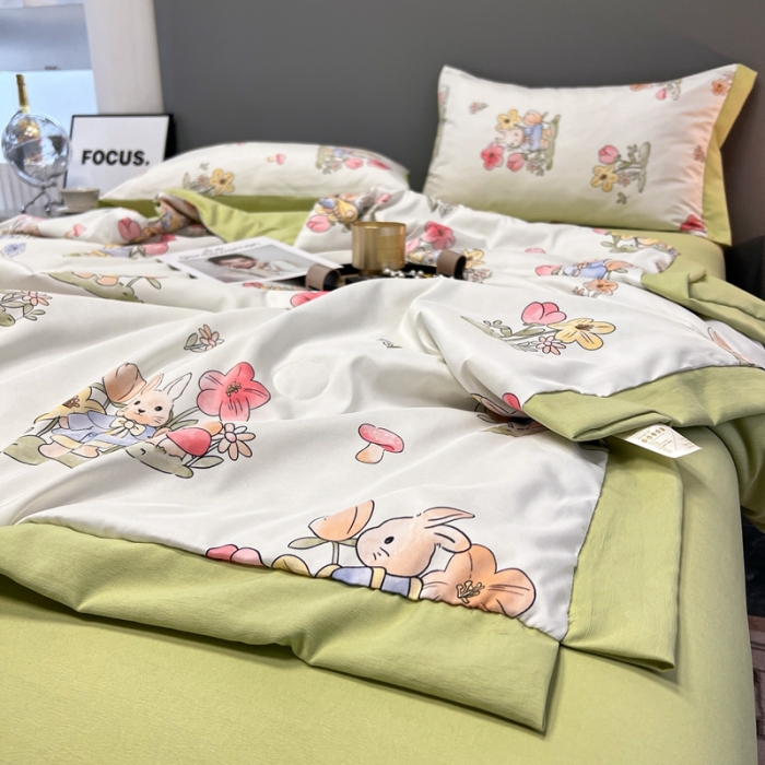 91家纺网 家纺一手货源 找家纺 慕尚 2025新款水洗棉麻夏被四件套 发财兔