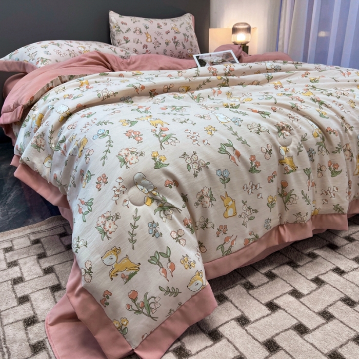 91家纺网 家纺一手货源 找家纺 慕尚 2025新款水洗棉麻夏被四件套 花丛兔