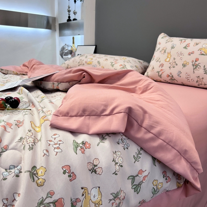 91家纺网 家纺一手货源 找家纺 慕尚 2025新款水洗棉麻夏被四件套 花丛兔
