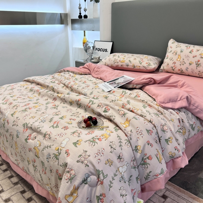 91家纺网 家纺一手货源 找家纺 慕尚 2025新款水洗棉麻夏被四件套 花丛兔